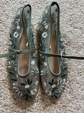 Zara Olive Green Embroidered Mary Jane Flats